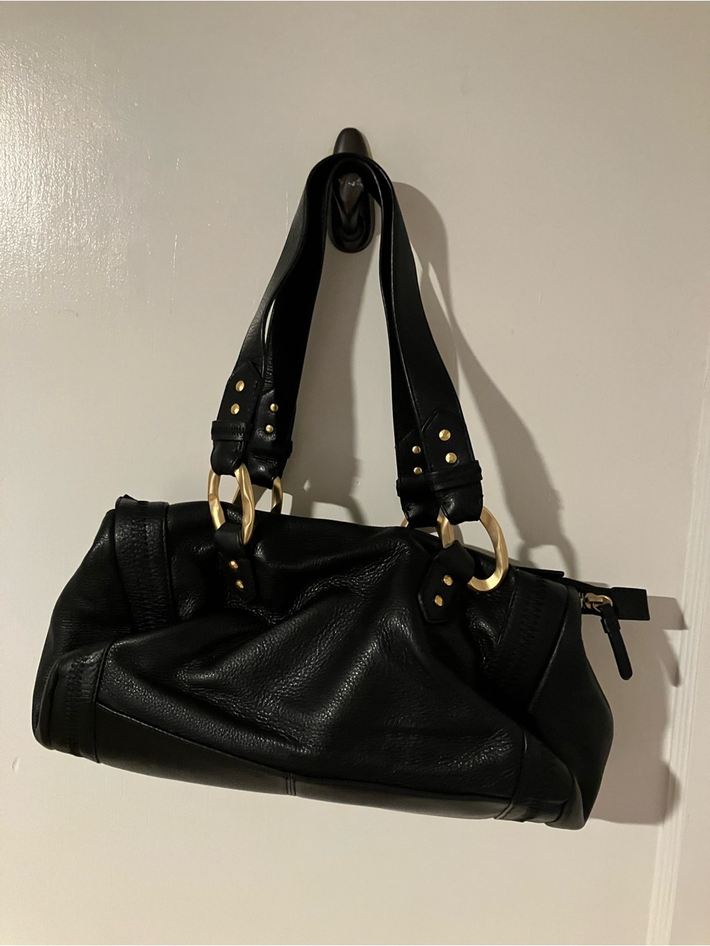 Sigrid Olsen Black Leather Shoulder Bag with Hammered Gold Hardware